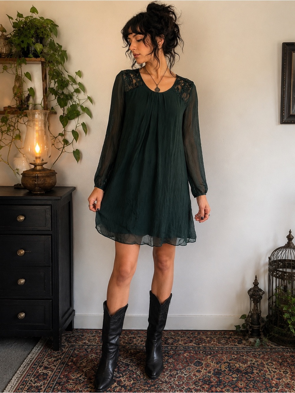 Nicole Dark Green Silk Whimsygoth Lace Dress M